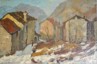 Mid 20th century oil on board study continental village in winter indistinctly signed