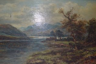 A probable 19th century Scottish oil on canvas of a Loch-side cottage initialled "LB"