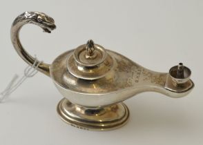 Mappin & Webb, a silver Aladdin's lamp table lighter the C scroll handle with beast mask terminal, b