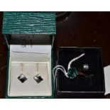 Two rings - one 9ct and a pair of HM earrings - boxed