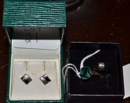 Two rings - one 9ct and a pair of HM earrings - boxed