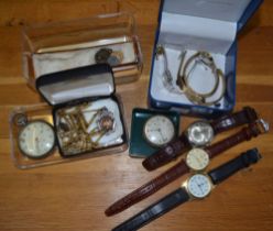 A selection of wrist and pocket watches, some chains etc