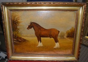 J. Wick - a shire stallion in a parkland landscape, oil on panel, signed & dated 1910, 30cm x 40cm