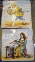 A pair of early 19th century tin glazed pottery tiles 15cm square