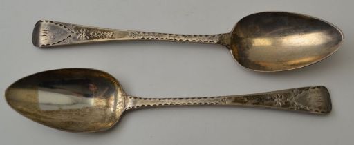 Joseph Hicks, a pair of George lll silver serving spoons, bright cut decoration, Exeter 1802, combin