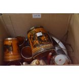 A box contains seven Ridgeways coaching scenes pottery tankards and a Japanese part tea set