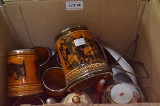 A box contains seven Ridgeways coaching scenes pottery tankards and a Japanese part tea set