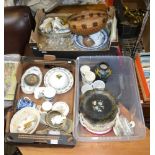 Three boxes of miscellaneous ceramics, glass & a Victorian papier Mache plate