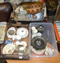 Three boxes of miscellaneous ceramics, glass & a Victorian papier Mache plate
