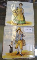 A pair of early 19th century tin glazed pottery tiles 15cm square