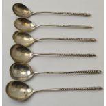 A collection of six Russian silver tea stirrers, engraved decoration to back of the bowls, having sp