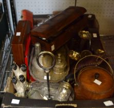 A box containing a wooden biscuit barrel, silver plate items, and quantity of over collectables