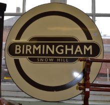A Birmingham "Snowhill" Station circular enamelled railway sign 86 cm diam. brown on cream