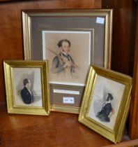 A pair of 19th century watercolour portraits, in over gilded frames together with a watercolour port