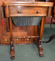 Regency rosewood games / work table, fold over top revealing leather chessboard over a single fitted