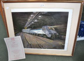 A Terence Cuneo, colour print, signed, "Le Shuttle" in the Eurotunnel