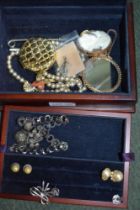 Silver topped jewellery box with silver and costume contents and a 9ct shell cameo