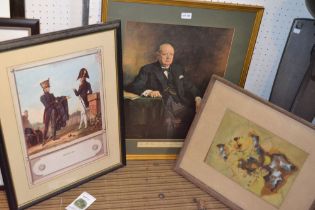 A portrait print of Winston Churchill, together with a Military print & an abstract