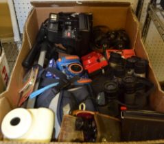 A box of assorted cameras & binoculars