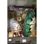 A box of vintage ceramics Tiffany style lampshade etc