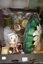 A box of vintage ceramics Tiffany style lampshade etc