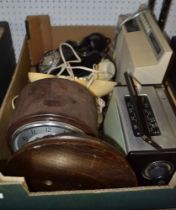 Box of mixed domestic items including series 300 vintage telephones