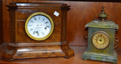 A burr walnut mantel clock together with another green painted example