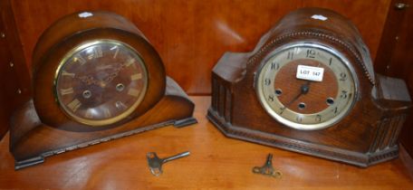 A Smith's mantel clock together with another oak cased clock