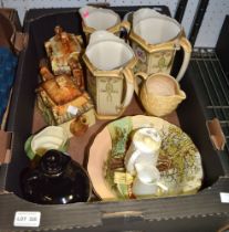 A box of mixed china to include cottage ware teapots