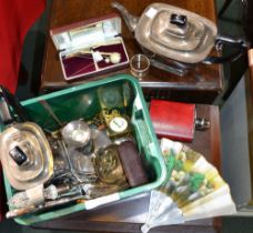 A box of silver plate, and miscellaneous items, including a silver napkin ring