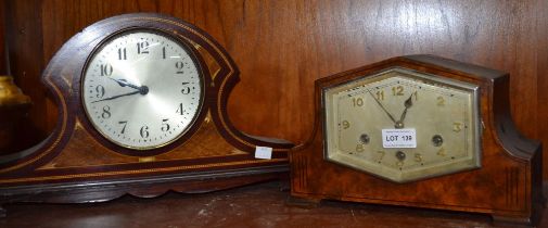 A fancy inlaid mantel clock, together with another Art Deco example