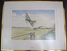 Kenneth Aitkin, "Warwick Rig" WWll airfield with Bi-planes, watercolour painting,