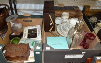 A Tiffany & Co. china lidded bowl, for the Cunard line, boxed, a glass and plated claret jug, china