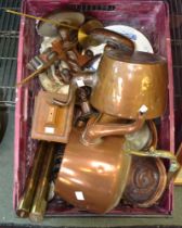 A crate containing copper kettles & miscellaneous collectables