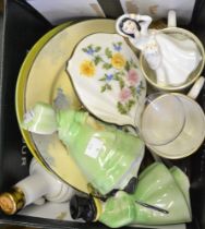 A box of china, and an enamelled part dressing table set