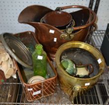 A copper helmet coal scuttle, together with a copper planter, brass planter, etc.