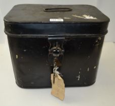 A rectangular metal deed box, with carrying handle, fitted padlock with key