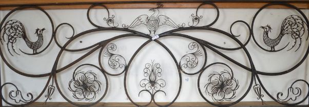 Mid century hand wrought metal panel with flower and bird stylised design 60 x 180cm