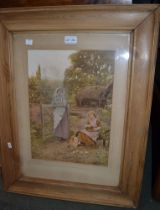 A print of Ladies with Hens in pine frame