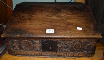 A possible 19th century oak box part-fitted interior carved front