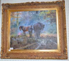 An original oil on canvas study of Working Horses by Rosemary Sarah Welch in fancy gilt frame