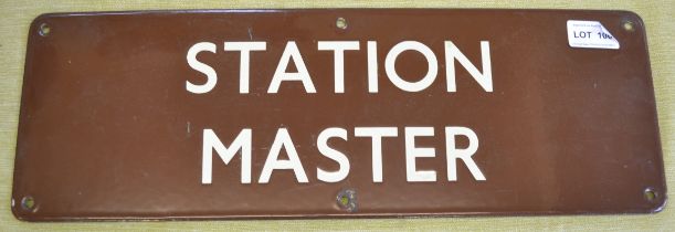 A "Station Master" enamelled railway sign cream and brown 15 x 46