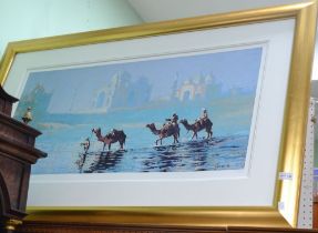 A Rolf Harris pencil signed print of Camels wading, 325/695, framed