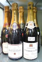 Two bottles of Renaudin Bollinger Extra Quality very dry One bottle Perrier Jouet One bottle Laurent