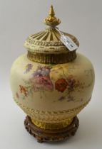 A Royal Worcester late Victorian porcelain potpourri, ivory ground, with hand painted flowers, parti