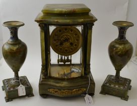 A late 19th century French clock garniture set, in green onyx, with Champlevé enamel, the clock wit