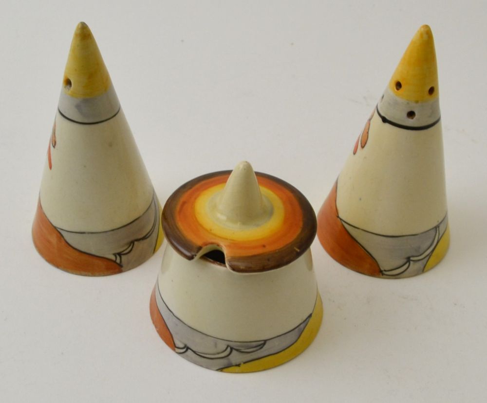 A Clarice Cliff Coral Firs pattern, hand painted pottery three piece condiment set, comprising conic - Image 2 of 3