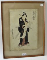 A Japanese Meiji period wood block print, of a Samurai character script upon the image, 36cm x 25cm,