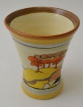 A Clarice Cliff Coral Firs pattern, hand painted pottery vase of waisted form, bears printed Clarice