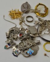 Silver charm bracelet and other mixed metal jewellery, some hallmarked